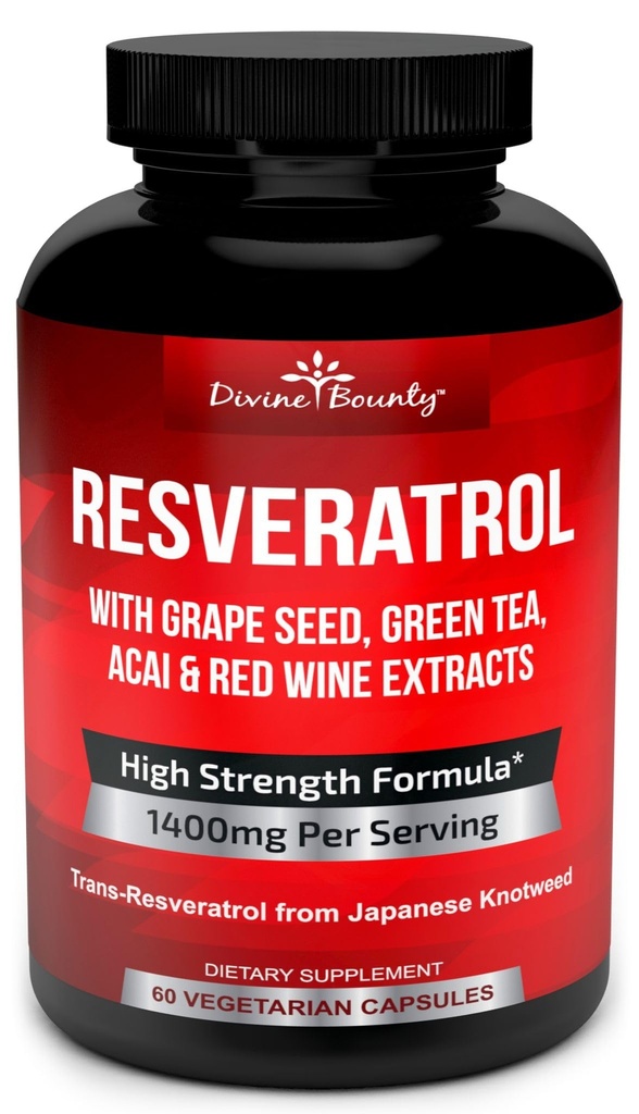 Resveratrooli lisand - 1400mg ekstra tugevuse valem viinamarjaseemne ekstrakti, rohelise tee ekstrakti, punase veini ekstrakti - 60 Veggie kapslit