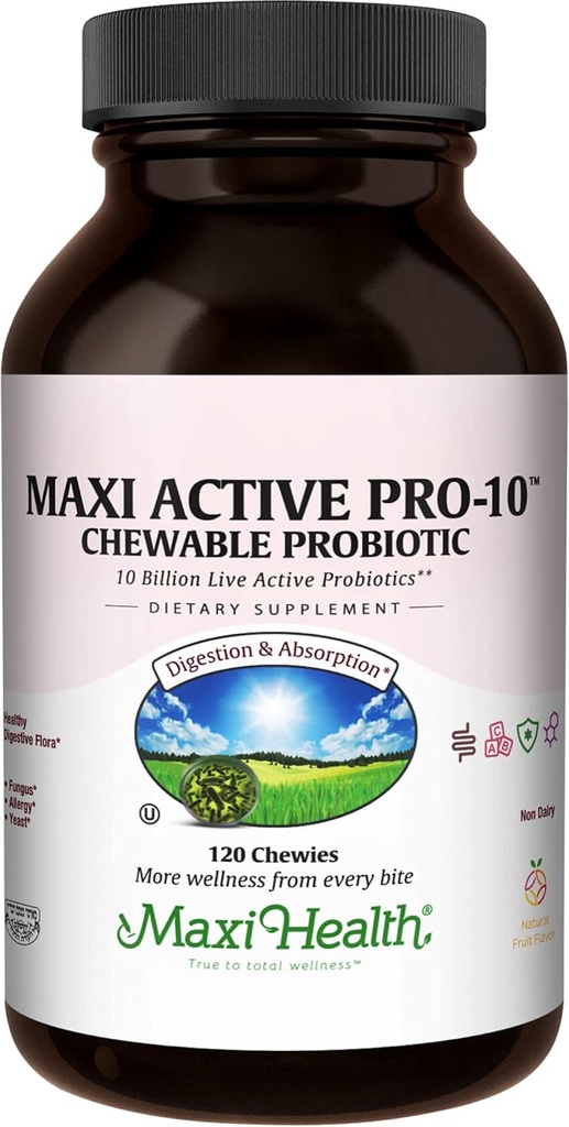 Maxi Health Active Pro-10 Kids Probiootilised närimistables - 15 tüved seedetrakti ja immuunsüsteemi tervisele - 10 miljardit probiootikumi segu - piimavaba, Kosher - toetab soolestiku tervist, taimetoitlane - 60 ct (riiuli stabiilne)