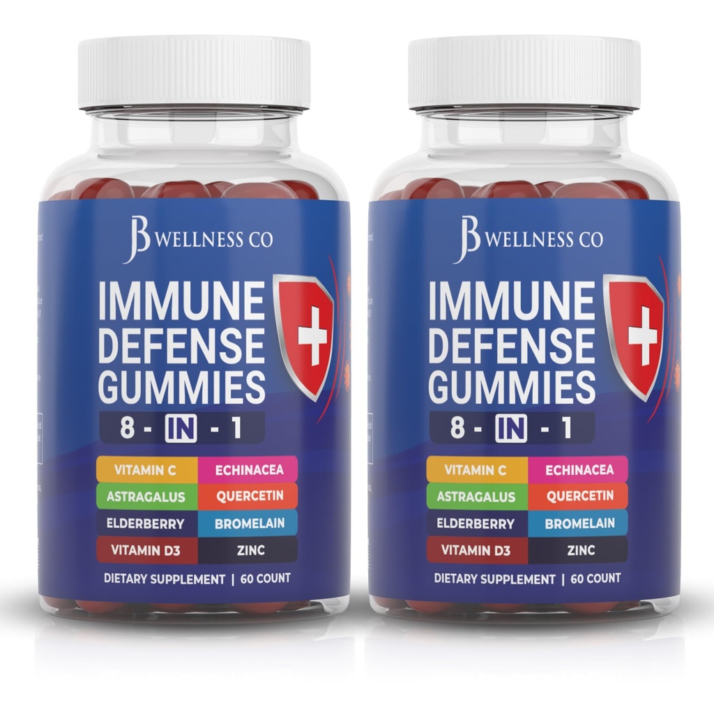 8 in 1 Immune Defense Booster Supplement Gummies koos Astragalus Juur, vitamiin C ja tsink, vitamiin D3, Elderberry ja Quercetin (2 Pack)