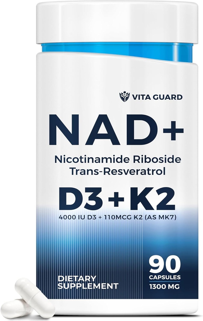 Anti-Aging Energy NAD Supplement – NMN Alternatiivne nikotiinamiid Riboside 1000mg, Trans-Resveratrool 300mg, Vitamiin D3 4000 IU ja K2 110 mcg MK7 – Taimetoitlane 60 kapslit, 1300mg