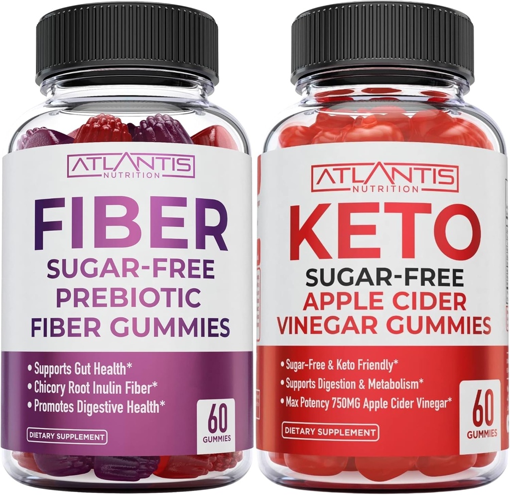 Atlantis Nutrition Sugar Free Prebiootilised kiudkummid täiskasvanutele 2-pakend (120 kummikut) + suhkruvaba Keto Õunasiider Äädikas 60 Gummies