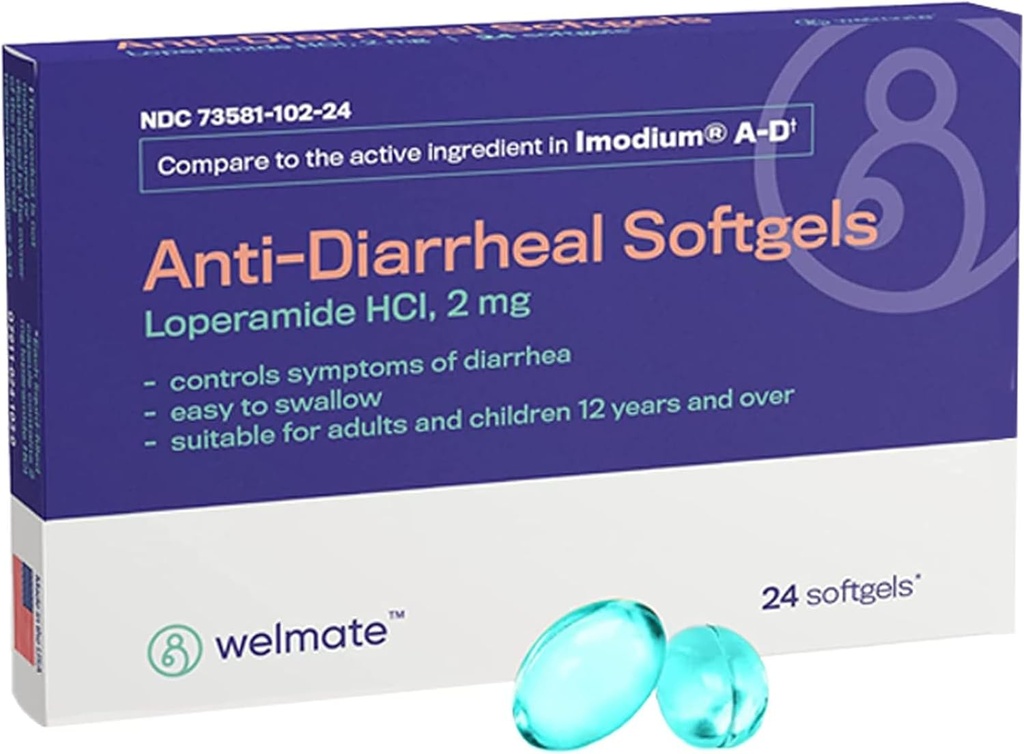 WELMATE - Anti-Diarröa Softgels (24 Softgels) - Loperamide HCL 2 mg - Kõhulahtisuse sümptomite leevendamine - Upset Kõhulahtisuse pillid - Üle-The-Counter ravim