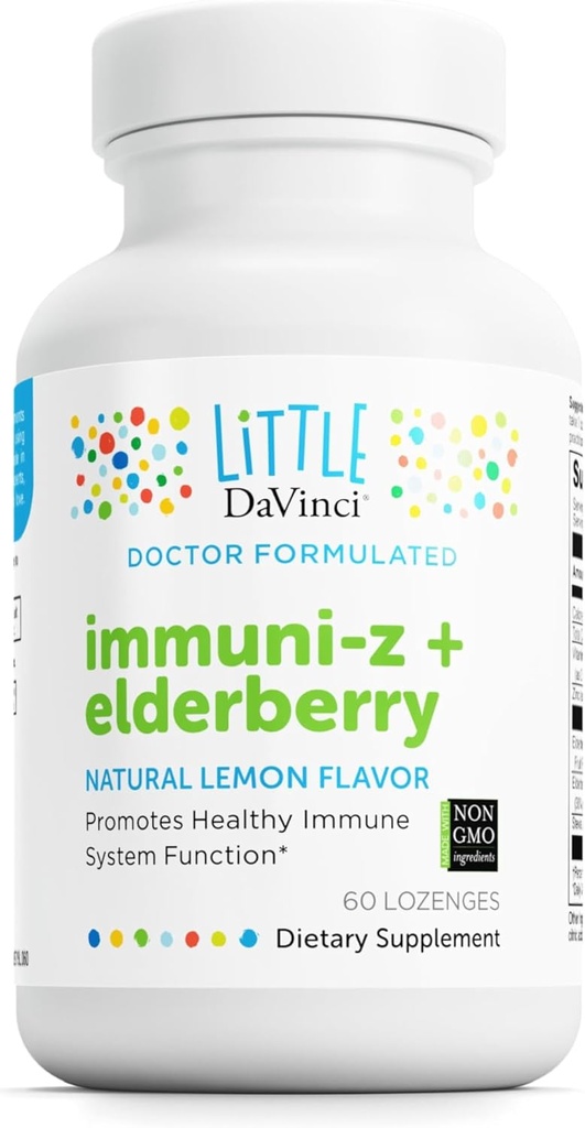 DAVINCI Little Immuni-z + Elderberry - Kids Zinc Lozenge, et toetada immuunsüsteemi tervist, tervislikke kopse ja kurgu kudesid * - D3-vitamiiniga, tsink, leedrimarja ja muu - sidrunimahl - 60 lozenge