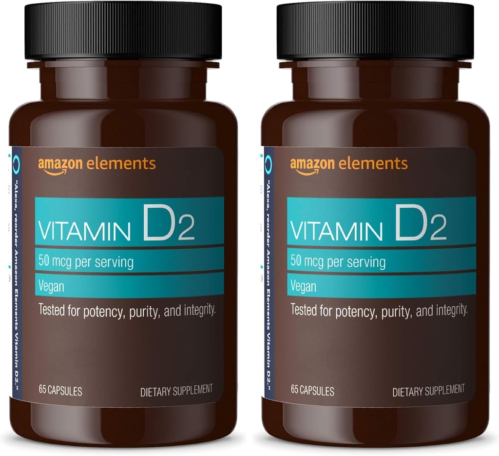 Amazon Elements Vitamin D2 2000 IU, Vegan, 65 Capsules, Supports Strong Bones and Immune Health, 2 Month Supply (Packaging May Vary) (Pack of 2)