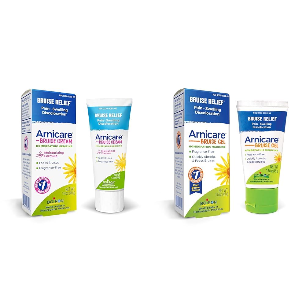 Boiron Arnicare Bruise Cream ja Gel valu leevendamiseks verevalumid, turse või värvimuutus - 1, 4 oz Cream & 1, 5 oz Gel