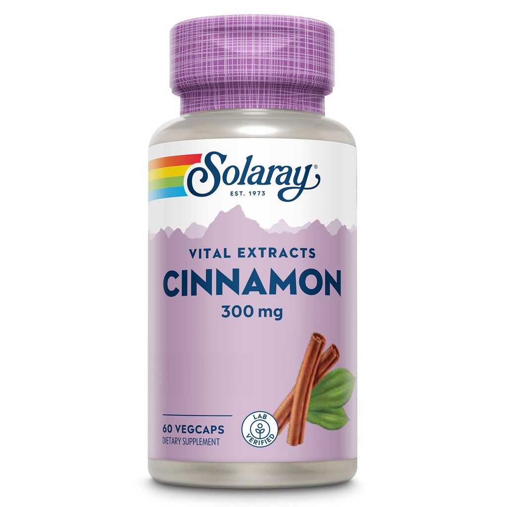 SOLARAY Cinnamon Extract 300mg - Kaneeli täiendused tasakaalu - Taimne tugi 24mg Flavonoidid - Lab Kinnitatud, Gluteenivaba, 60-päevane garantii - 60 Servings, 60 VegCaps