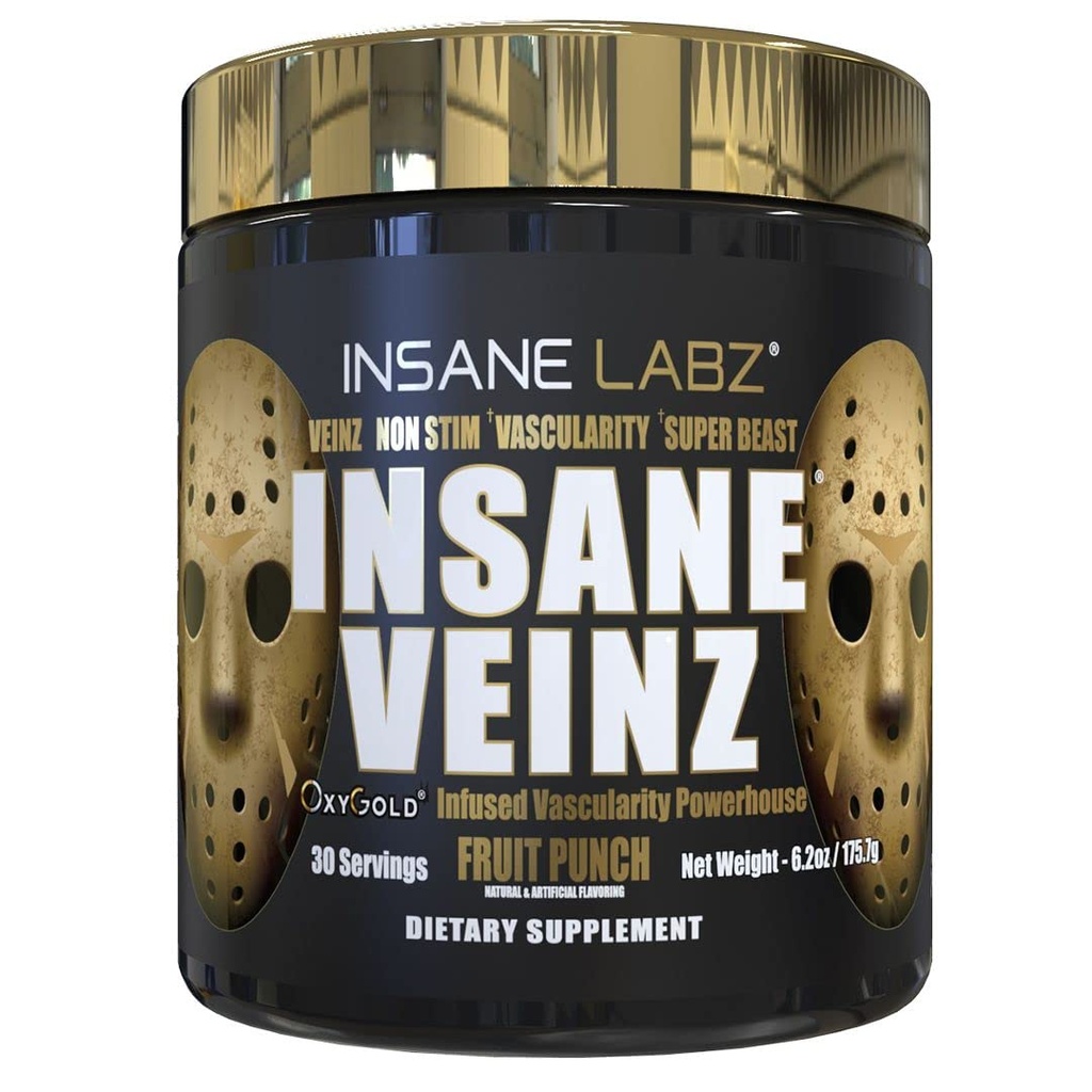Insane Labz Insane Veinz Gold, Lämmastikoksiidi Mittestimuleeriv Pre Treening Pulber, koormatud Hydromax, Nitrosigine, suurendab veresoonte ja verevoolu, 30 Srvgs, Fruit Punch