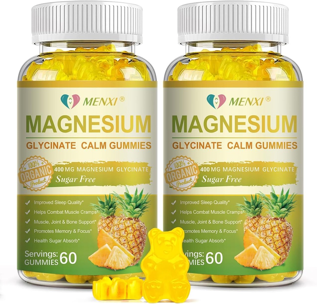 Magneesiumglütsinaatkummid 400 mg, suhkruvaba magneesiumtauraat, magneesiummalaatlisand D-vitamiiniga, B6, CoQ10 lõõgastumiseks, stressi leevendamiseks, lihaste, luude ja une toetamiseks - 120 ananassikummid