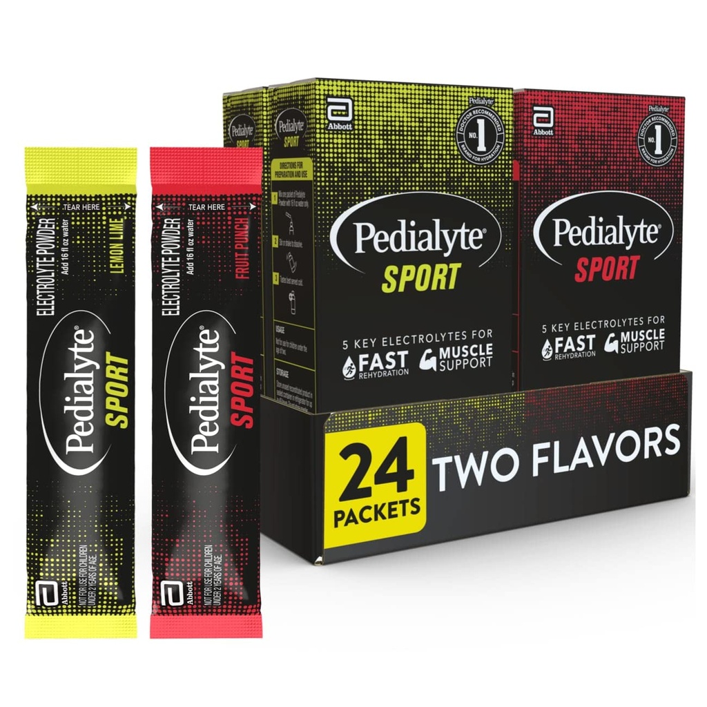 Pedialyte Sport elektrolüüt pulber, kiire hüdraat 5 võtme elektrolüüti lihaste toetamiseks enne, selle ajal ja pärast treeningut, 12 sidrunlubja ja 12 puuviljapump, 0, 49-oz paketid (24 loend)