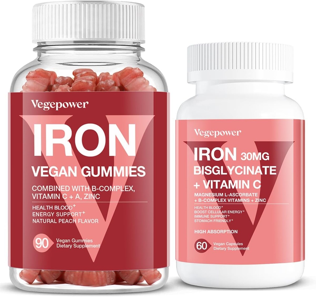 Vegan Raudkummid + Raud Bisglütsinaat 30MG | Vegan Raualisandi Tugi Vere Tervislik Ja Päevane Energia Täiskasvanutele Ja Lastele - 90 Count + 60 Count