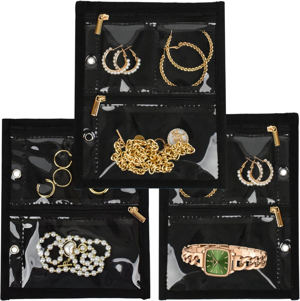 Reisijuveelide korraldaja ümbris, juveelide kotid Ehted Ladustusraamat Binder Clear Zipper Velvet Pouch reisimiseks, kõrvarõngad, sõrmused, kaelakee, käevõru (Inner Pages, 3 PCS)