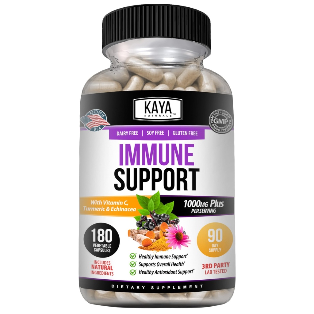 Kaya Naturals Elderberry Immune Support koos tsingi ja C-vitamiini täiskasvanutele, probiootikumid ja kurkum 1000mg Immuunsüsteemi Booster Sambucus Elderberry kapslid - 180 Count