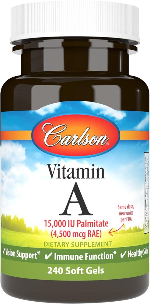 Carlson - A-vitamiin, 15000 RÜ Palmitaat (4500 mcg RAE), Visioon Tervis, Tervislik nahk, 240 Softgels