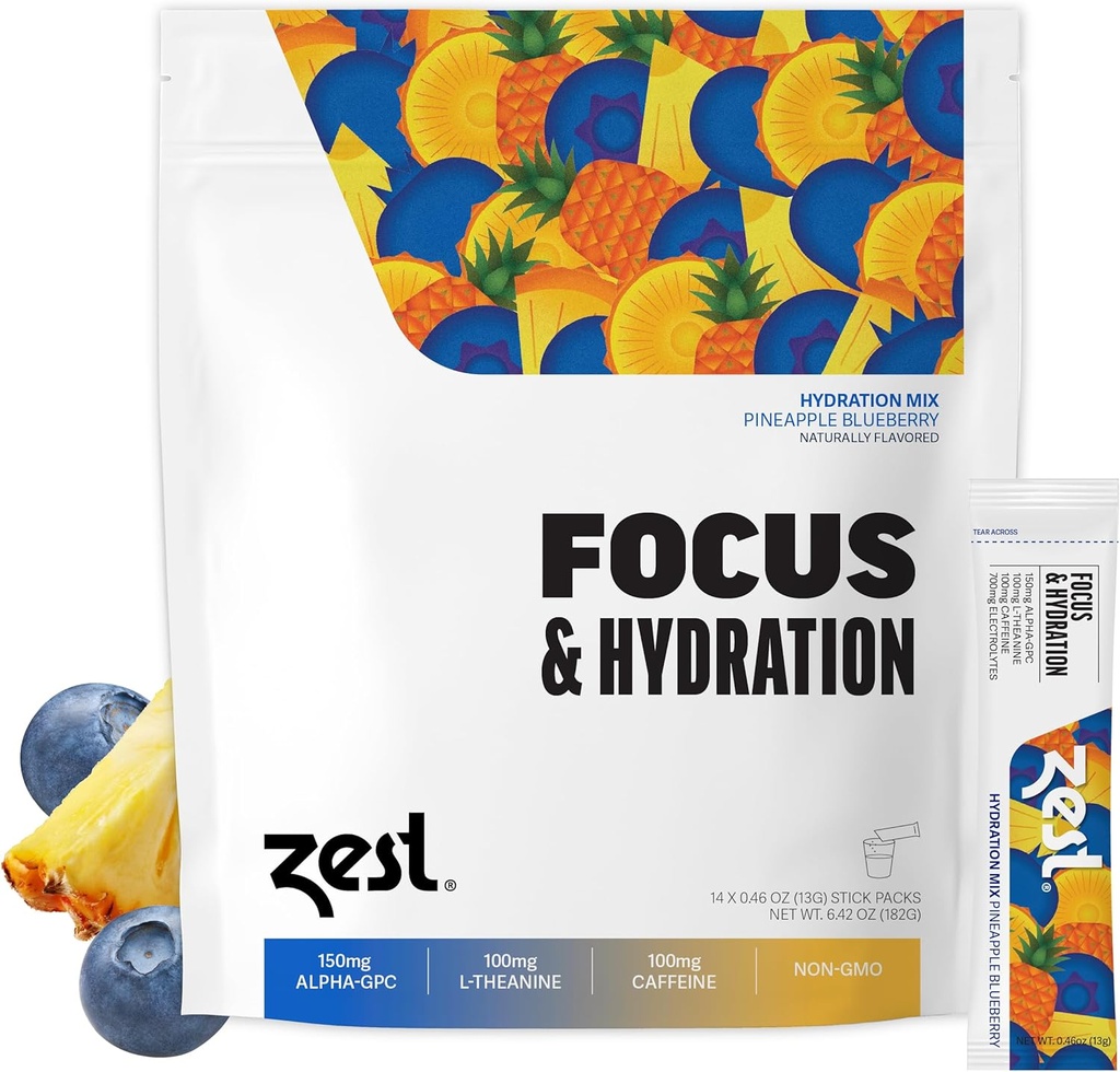 Zest Focus & Tootlikkus Energiajook - Ananassi mustika puhas energia Pulber paketid 100 mg kofeiini, L-Theanine ja 150 mg Alpha GPC Nootroopika - Madal suhkru elektrolüüdid mälu - 14 Sticks