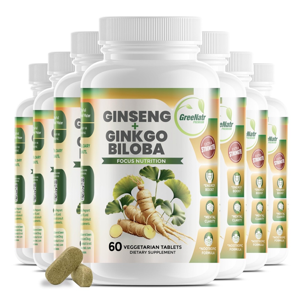 GreeNatr Ginko Biloba & Panax ženšenni lisand - punane ženšenni aju lisand mälu ja fookuse jaoks - Ginkgo Biloba lisandid hea nägemise, immuunsüsteemi ja parema verevoolu jaoks - 12 pudelit