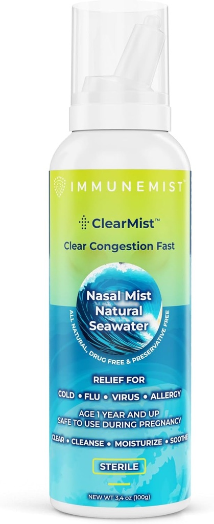 ClearMist looduslik merevee ninasprei ummikute leevendamiseks, hüpertooniline soolane ninasprei kuiva nina jaoks, niisutav siinus dekongestantne leevendus täiskasvanutele ja lastele, valmistatud Rootsis, ohutu vanuses 1+
