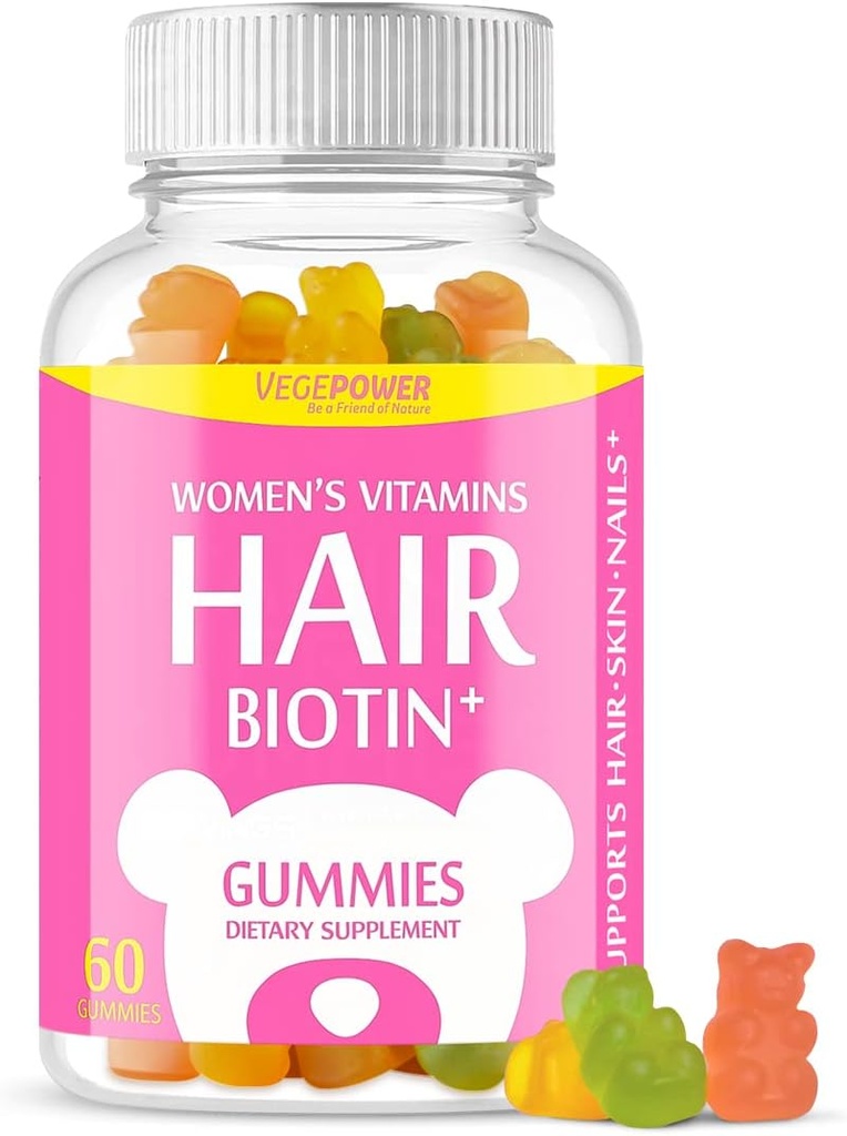 Juukse biotiinkummid Vitamiinid 10000mcg - Biotiini lisand tervetele, tugevamatele, ilusatele juustele ja küüntele, mitte-GMO-le, näritavad vegani juuksekummid naistele ja meestele - 60 kummikut
