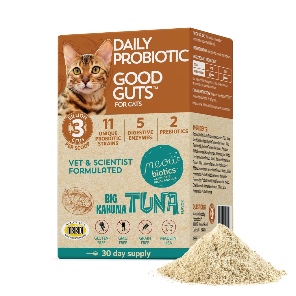 Meowbiootikumid Hea sisikond kassidele Probiootiline pulber, 11 probiootiline tüvi, 2 prebiootikumid, 5 seedetrakti ensüümid seedetrakti toetamiseks, tuuni maitse, probiootikumid kassidele, siseruumides ja väljas (30 päeva)