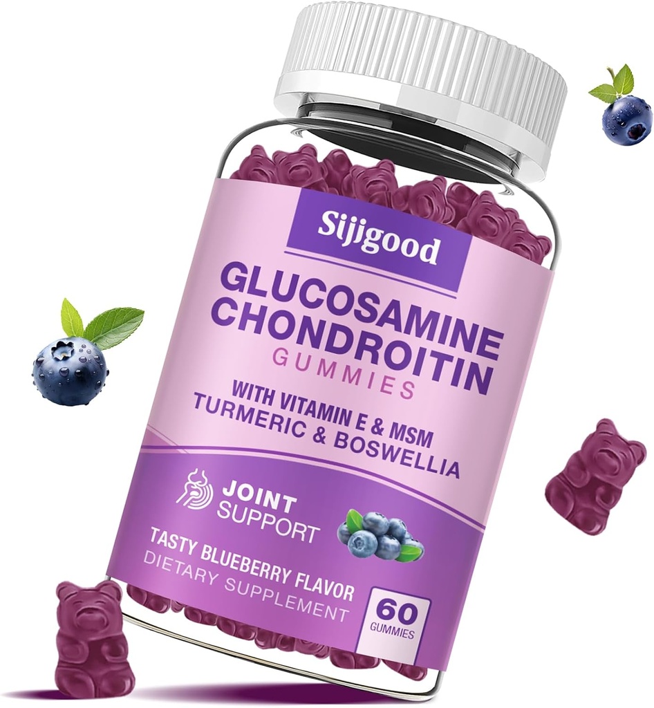 Glükoosamiin Kondroitiin Gummies, ekstra tugevus Glükosamiin Kondroitiin MSM koos leedrimarja ja kurkum, ühine tervis, paindlikkus, antioksüdant, immuunsus täiskasvanutele - 60 mustikas Maitsestatud Gummies