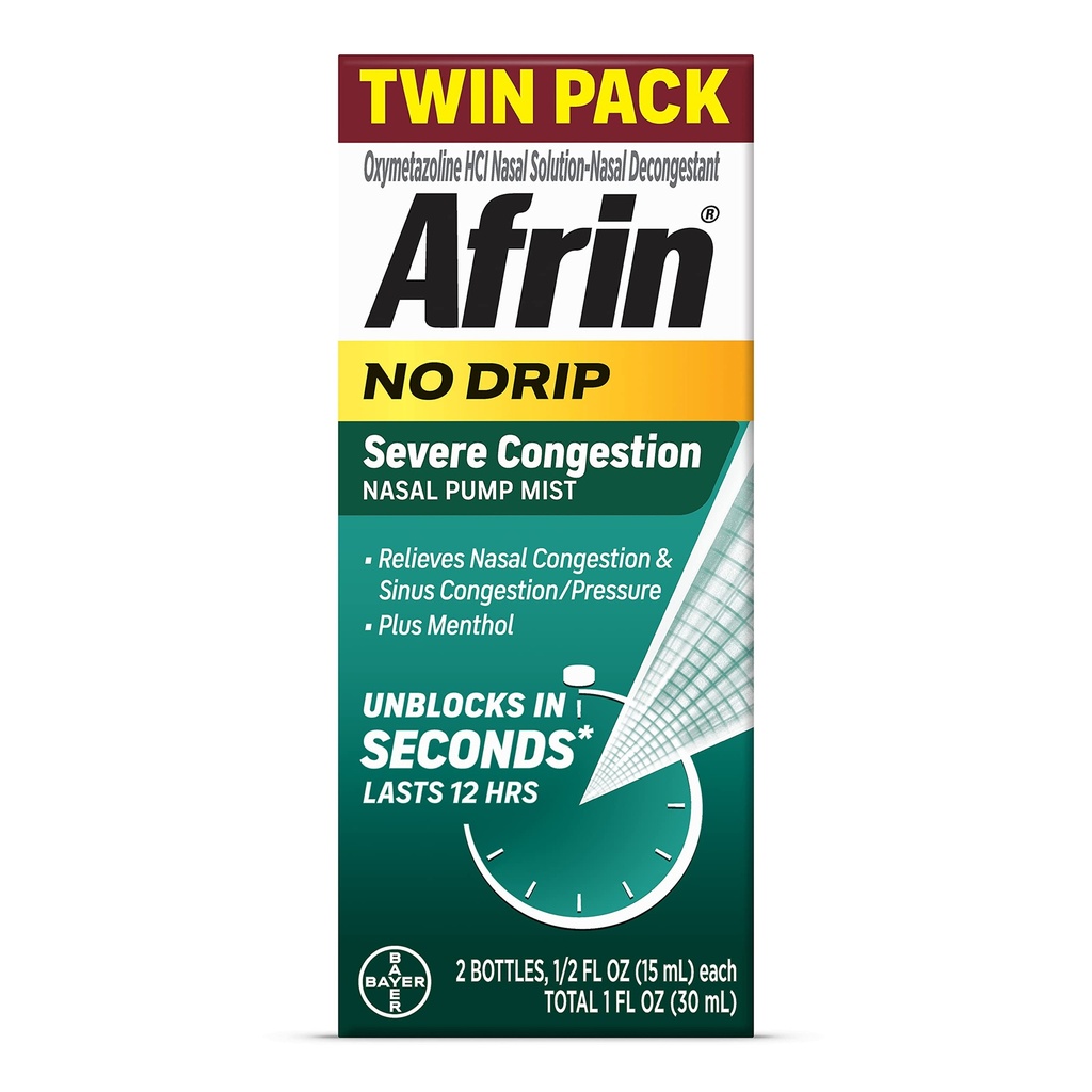 Afrin No Drip Raske ummistus Nasaalse udu kaksikpakend, mitte-uimane, kiiretoimeline dekongestant nina ummistuste ja siinusrõhu leevendamiseks, Täiskasvanud ja lapsed 6 ja vanemad, .5 fl oz (pakk 2)