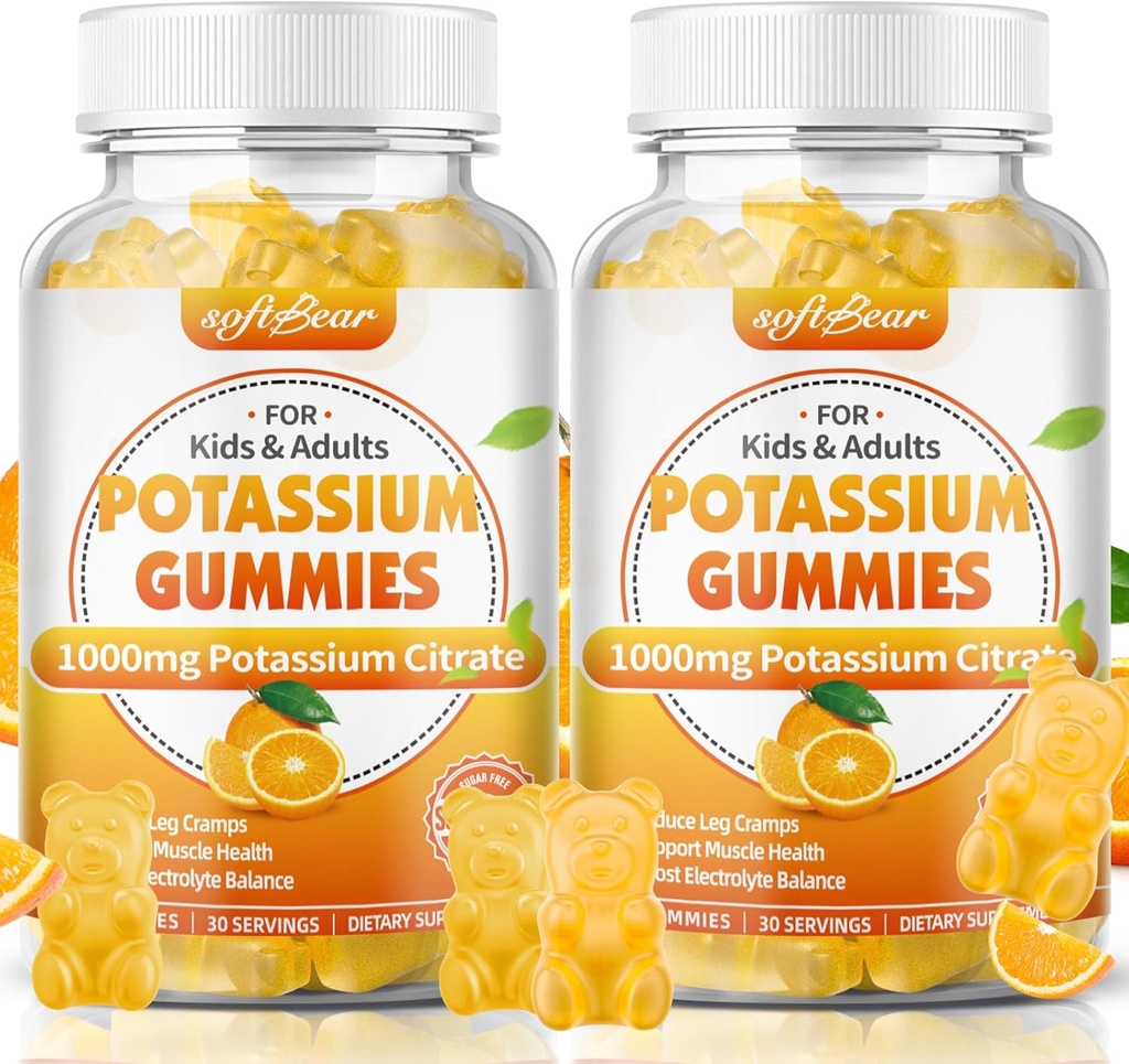 pehmekaru Kaaliumtsitraat 1000mg, Suhkruvaba Kaaliumkummid Täiskasvanutele Toetage Jalakrampe & Lihaste Tervis Kõrge potentsi Kaaliumilisandiga Kummid Apelsinimaitse 120 Count
