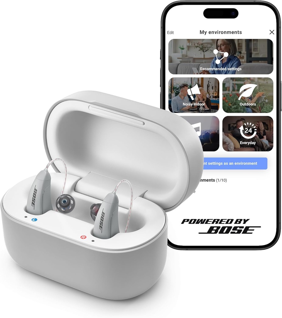 Lexie B2 OTC kuuldeaparaadid Powered by Bose - Bluetooth Call Enabled for iOS, Rechargeable with App Control, kogu päeva mugavus. Isesobiv lahendus, müra vähendamine, kerge kuni mõõduka kuulmislanguse jaoks (Gray)