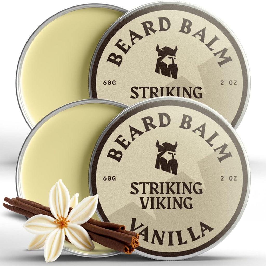 Striking Viking Beard Balm meestele - Leave in Beard Conditioner - Styling Balm valmistatud looduslikult saadud habemevõi, Argan & Jojoba Oils (2 Ounce (pakk 2), Vanilla 2 Pack)