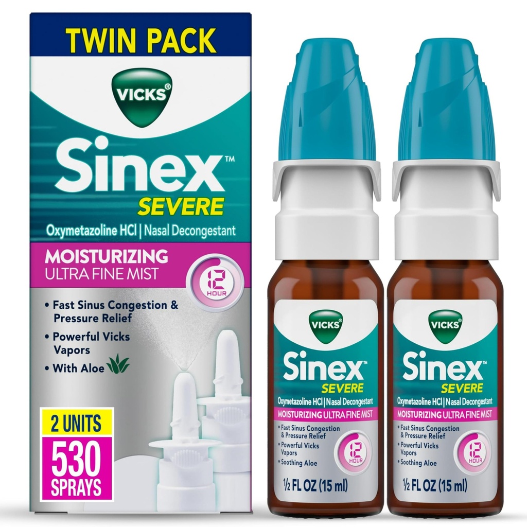 Vicks Sinex raske nina pihusti, niisutav Ultra Fine udu koos Aloe, dekongestantne meditsiin, külma või allergia tõttu pehme nina leevendamine, nina ummistus ja siinusrõhu leevendamine, 265 pihustit x 2
