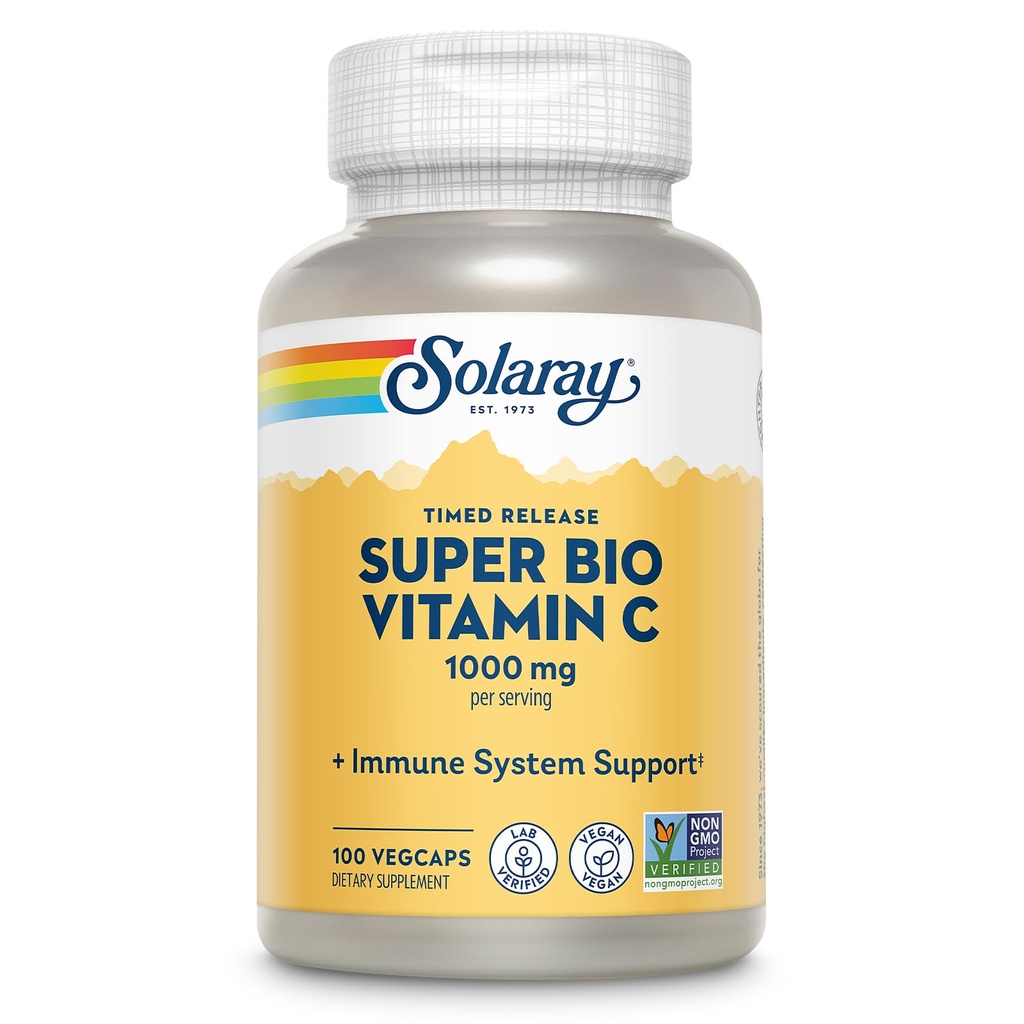 SOLARAY Super Bio puhverdatud C-vitamiin 1000mg, kaheastmeline, ajastatud C-vitamiin koos bioflavonoididega, immuunsuse tugilisa - kõrge imendumine, vegan, 60-päevane garantii, 50 serveerimist, 100 VegCaps