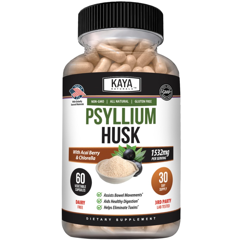 Kaya Naturals Psyllium Husk kapslid - 60 Count | kõrge kiudainelisandi | Seedetrakti tervis ja korrapärasus | Gluteenivaba, mitte-GMO