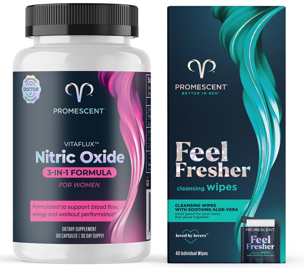 Promescent VitaFLUX Naiste Lämmastikoksiidi Booster Supplement + Flushable pühkib täiskasvanutele, isiklik puhastamine Hügieeniline märjad puhastused meestele ja naiselik kasutamine