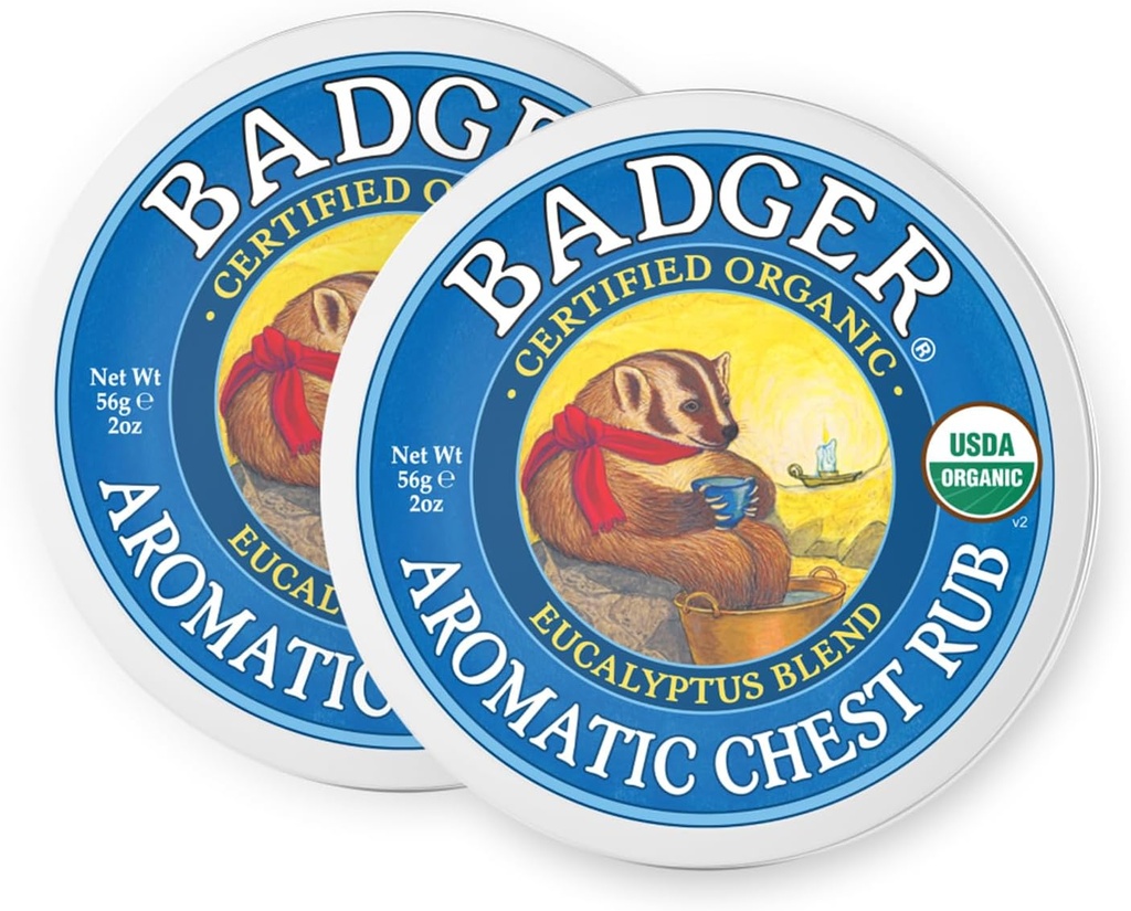 Badger Aromatic Chest Rub, 100% orgaaniline vaporub w / eukalüpt ja lavendli eeterlikud õlid selgeks & Soothe, All-Natural Rindmiku ummistuste leevendamine täiskasvanutele ja lastele, 2 oz Tin, 2-Pack