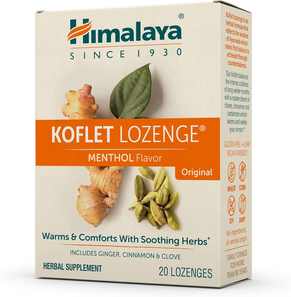 Himalaya Koflet Lozenges, Original Menthol Maitse, Natural Herbal Cough Drop Soojenemine Relief ja rahustav kurgu Komfort, 130 mg, 20 Lozenges