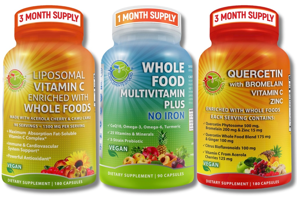 Vegan Immune & Antioxidant Support Bundle – Liposomaalne C-vitamiin 1500mg koos orgaanilise acerola & Camu Camu + Quercetin 500mg koos Bromelain, tsink & Vitamiin C + Vegan Terve toit Multivitamiin ilma rauata