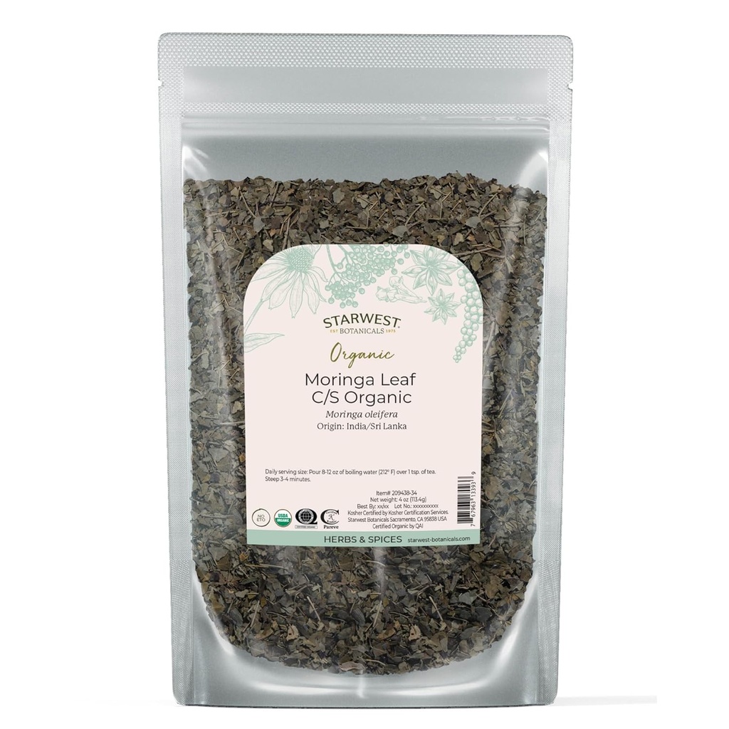 Starwest Botanicals Organic Moringa Leaf - maitsetaimed tee, kapslite, mahla ja smuutide jaoks, looduslik antioksüdantide allikas, lõigatud ja sifted, sertifitseeritud Kosher, Non GMO - 4 oz Pouch