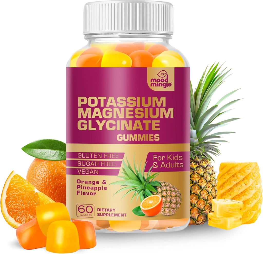 MoodMingle Kaalium Magneesium Glycinate Supplement Gummies - suure imendumisega Kaaliumi närimiskoogid - kaltsium Vitamiinid B6 B12 C D3 K2 Tsink - Vegan Suhkruvaba Gluteen Lastele Täiskasvanud