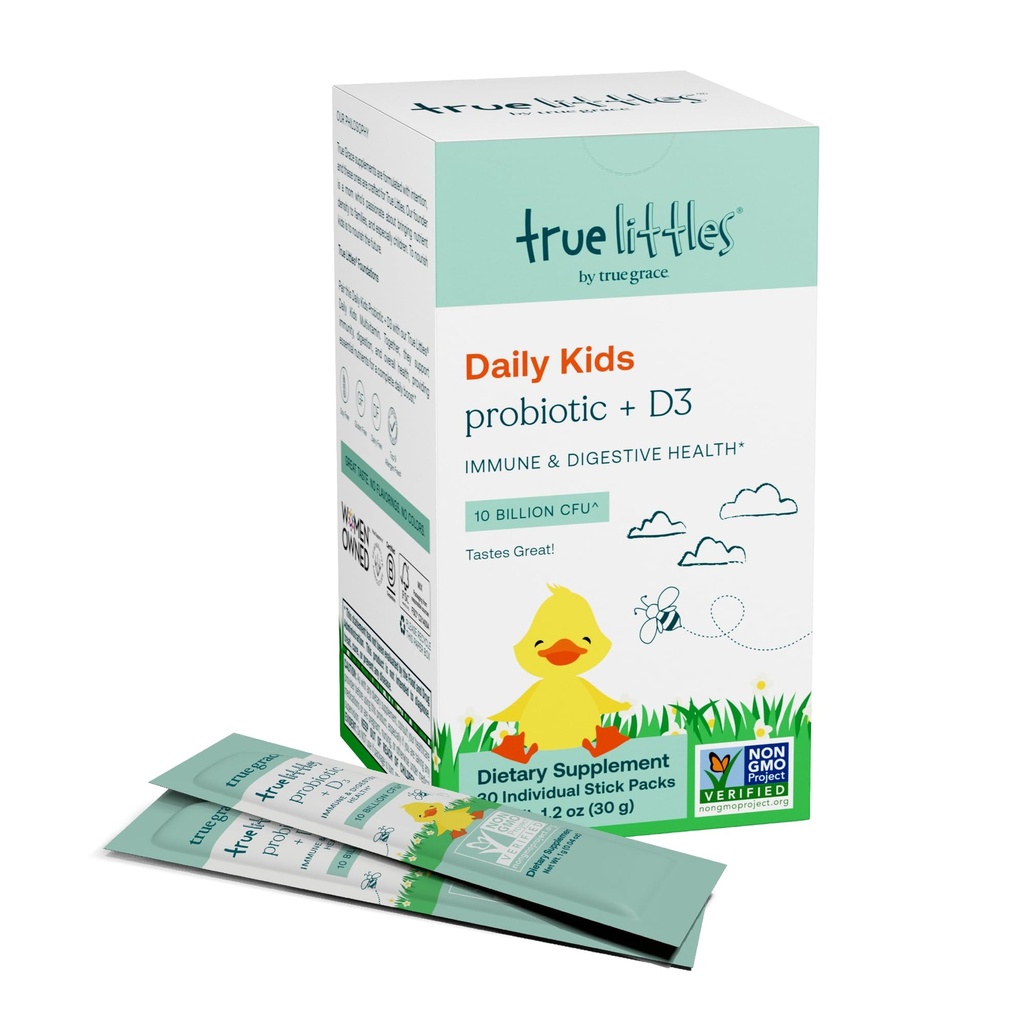 True Grace True Littles - 30 individuaalset kleeppakendit - laste igapäevane probiootikum + D3-vitamiin immuunsuse ja seedetrakti tervise jaoks - gluteeni, soja ja piima tasuta - 30 serveerimist