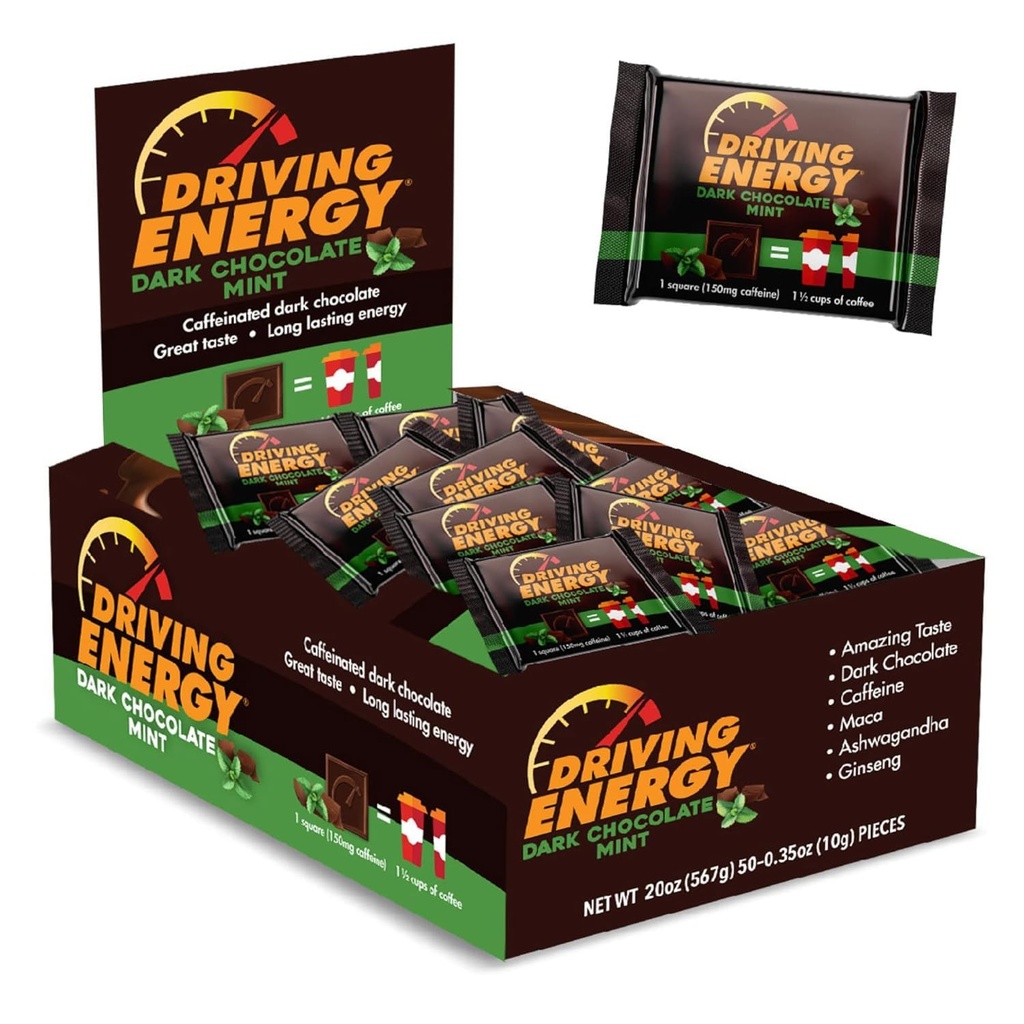 Autojuhtimine Energia - Kofeiinitud Energia Bite Suurus - Tume Šokolaad Mint Energiakütus 150mg Kofeiiniga - Pikaajaline energia jõusaalile, treeningule, täiskasvanutele - Suur maitse - Madal Carb - Tervislik Snack - 50 Count