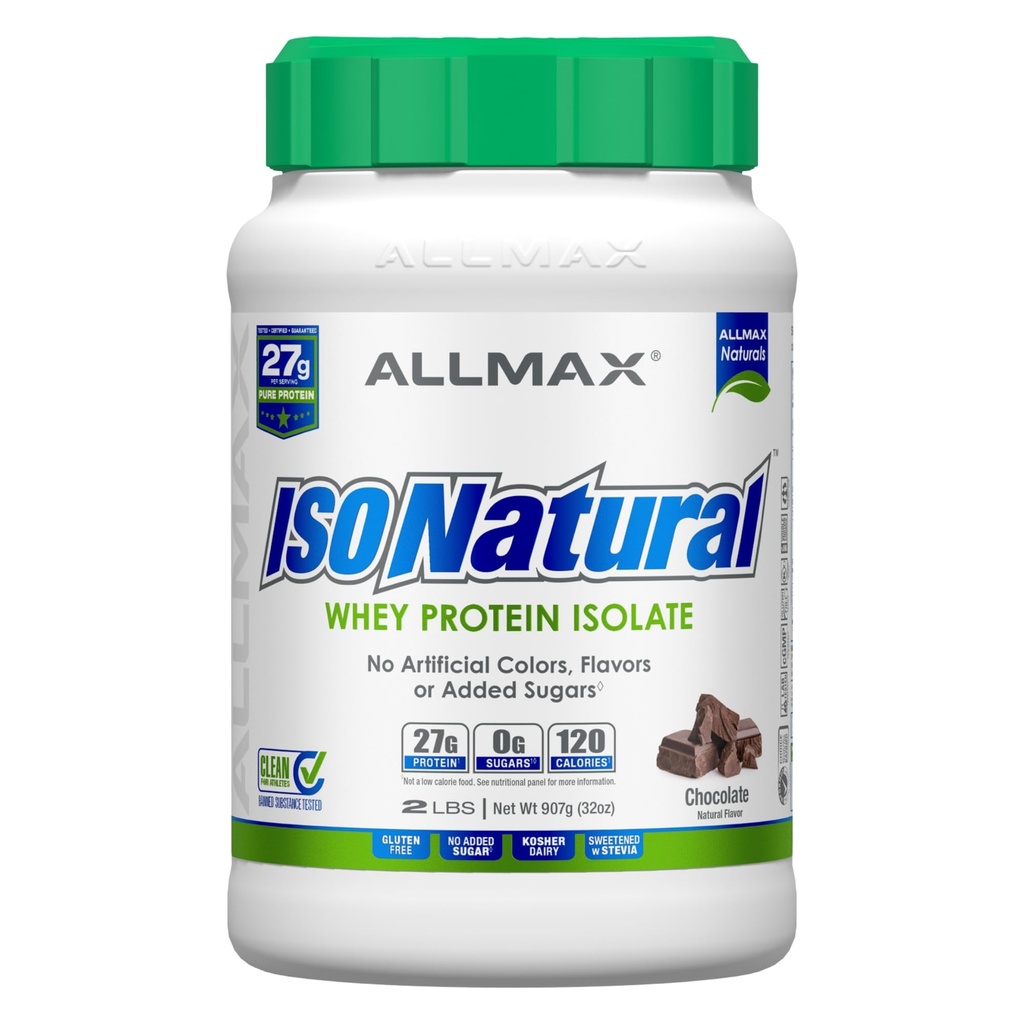 ALLMAX Nutrition ISONATURAL Vadakuvalk isolaat, šokolaad - 2 naela - 27 grammi valku Scoopi kohta - nullrasv ja suhkur - 99% laktoosivaba - prebiootikumidega - kunstlikke maitseid pole - 29 serveerimist