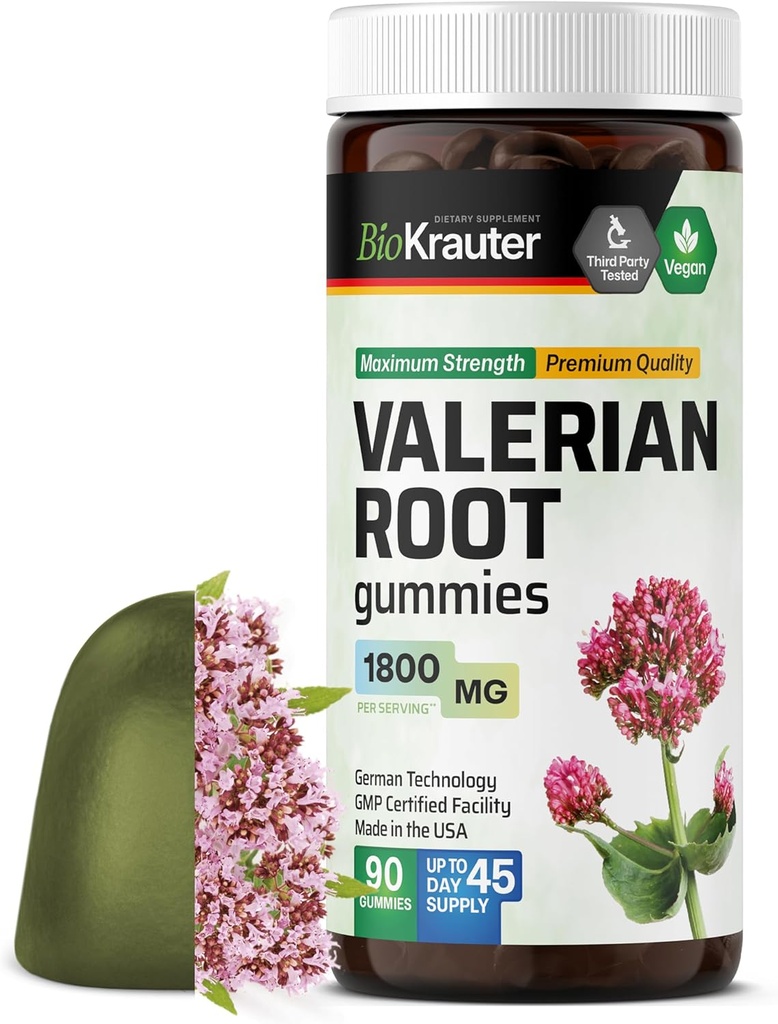 BIO KRAUTER Valerian Root Gummies - 1800 mg Tugevus - 90 Vegan Chews - No melatonin - Toetus Lõõgastumine ja rahulikkus - Valerian Juur Extract