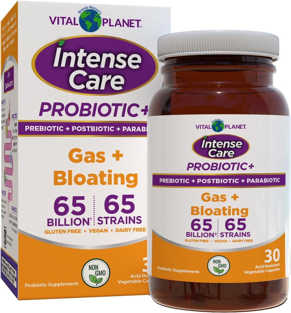 Vital Planet - Intense Care Gas & Bloating probiootikumid, prebiootikumid, postbiootikumid, parabiootikumid, 4-in-1 külmutatud toidulisand täiskasvanutele, 65 miljardit CFU, 65 tüve, seedetrakti ja immuunsüsteemi, 30 ct