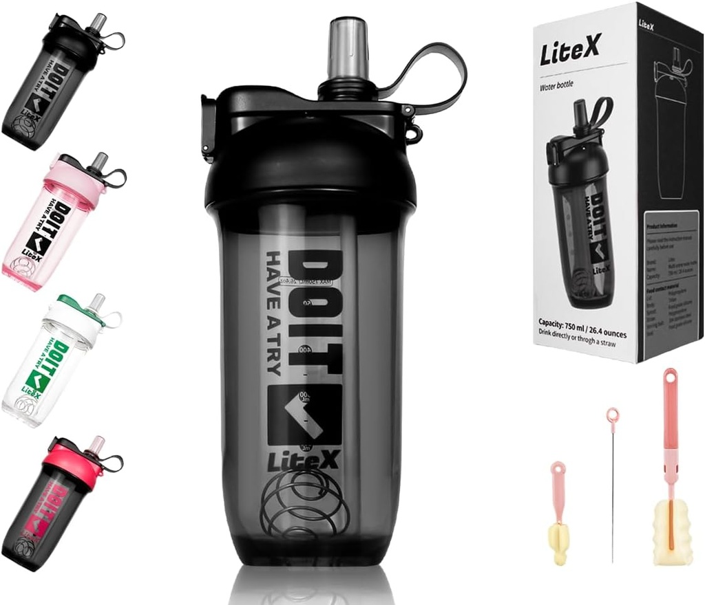 Litex Shaker pudelid Protein Shakes, 26oz Blender Shaker Bottle for Pre-Workout, Shaker Cups koos õlgedega, BPA-vaba Tritan Mixer pudelid valgupulbrile, koos Cup harja ja juhised (must)