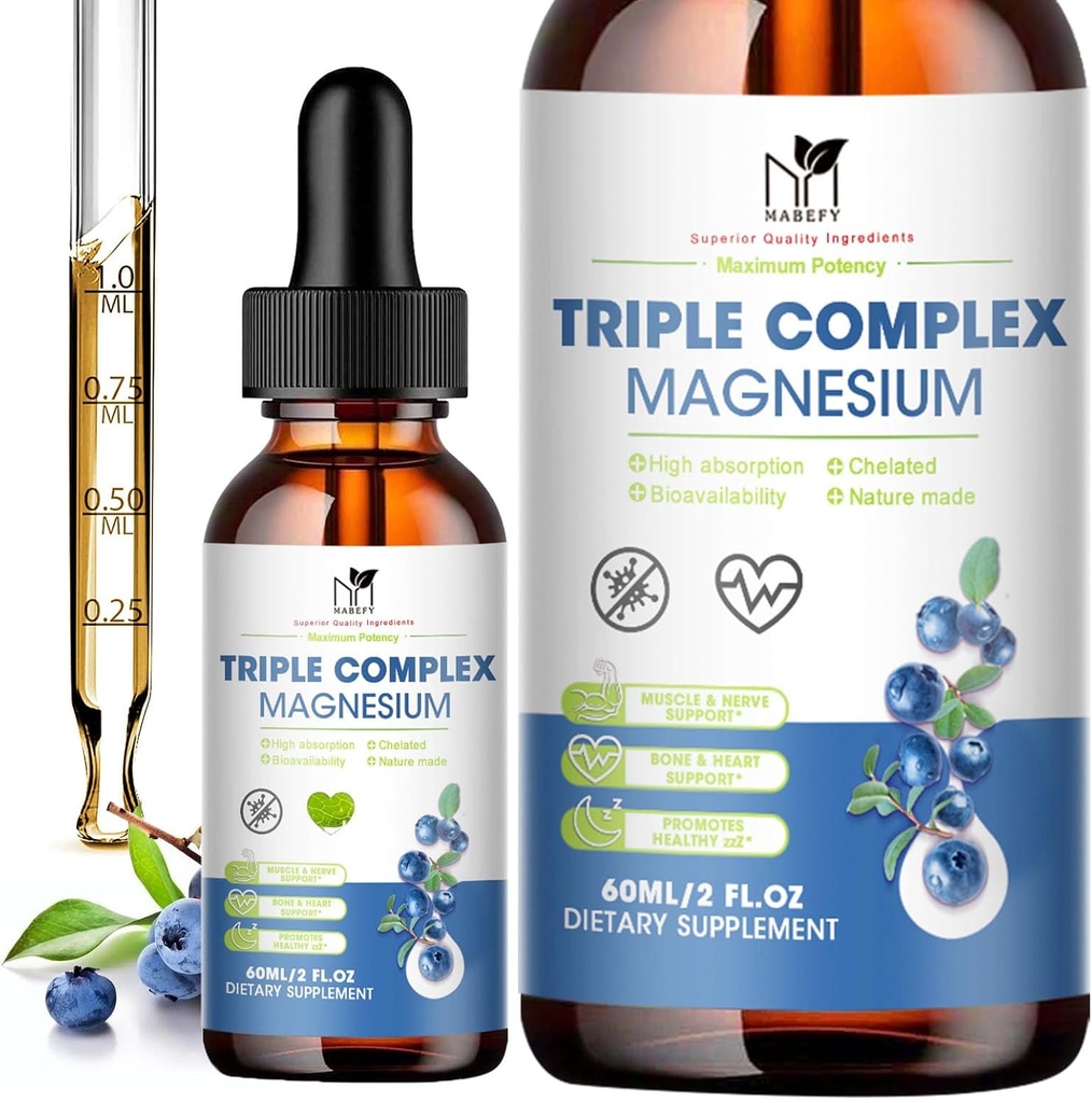 Magneesium Glütsinaat Vedelik tilgad Kompleksne täiendus Taurate, Malaadi rahu, jalakrambid, energia | Suhkruvaba ja looduslik vegan Magneesium, mustikamaitse
