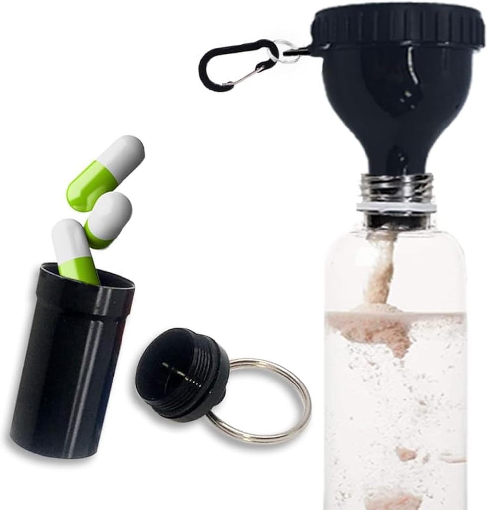 Valgupulbri konteiner minna lehter alumiiniumisulamiga Mini Taskupillid Box ja Carabiner Clip Supplement Funnel koos Cap veepudeli Pre treening jõusaal Mini Travel Funnels Shaker Cup