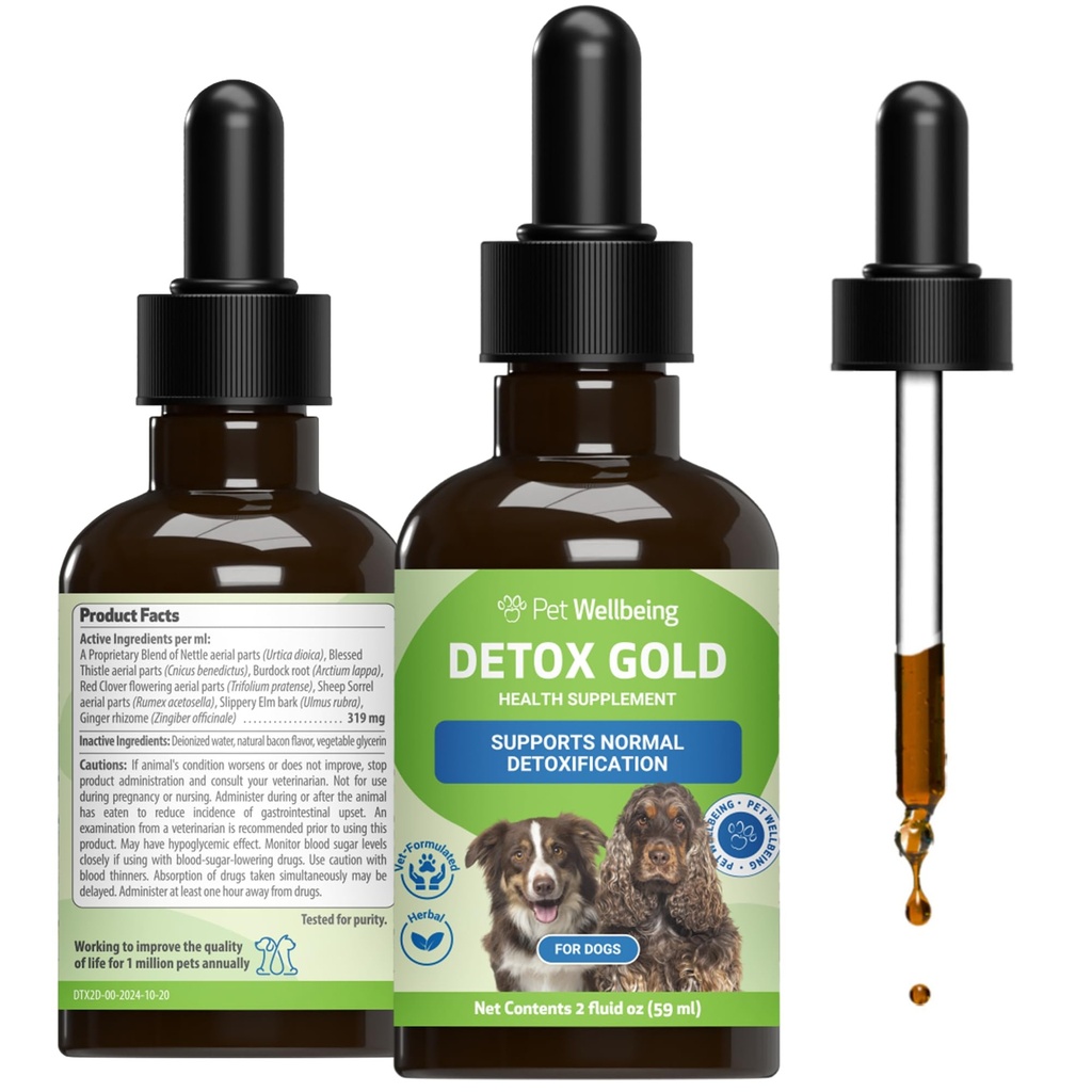 Lemmikloomade heaolu Detox Gold koertele - õrn detoksifitseerimine ja eliminatsiooni toetamine, immuunsüsteemi hooldus, nõges, õnnistatud ohakas, Burdock Root - veterinaararsti poolt formuleeritud taimsed täiendus 2 oz (59 ml)