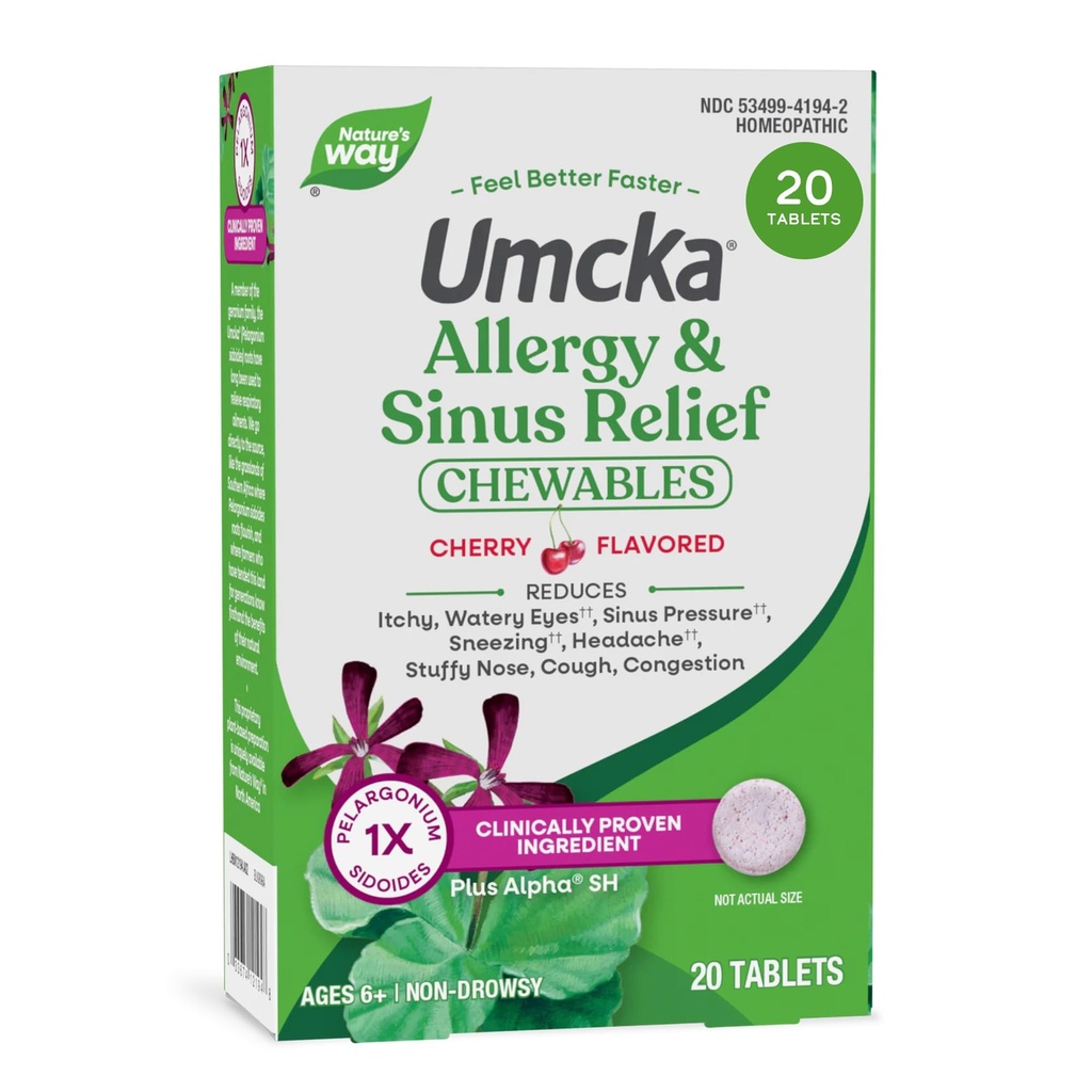 Nature's Way Allergy+Sinus Relief närimistables, Umcka, Aevastamine *, Runny Nose *, peavalu *, köha, ummistus, ei fenülefriini, mitte-uimas, Kirsimaitseline, 20 närimistabletti (pakendamine võib varieeruda)