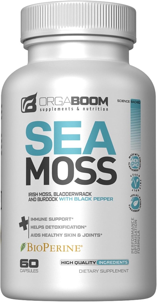 Sea Sammalkapslid Iiri mere sammallisandiga orgaanilise Burdock Juur, Põiewrack & Black Pepper | Boost Energy, Detox & Immune Support | Non-GMO, Vegan | Made in USA - 60 Count
