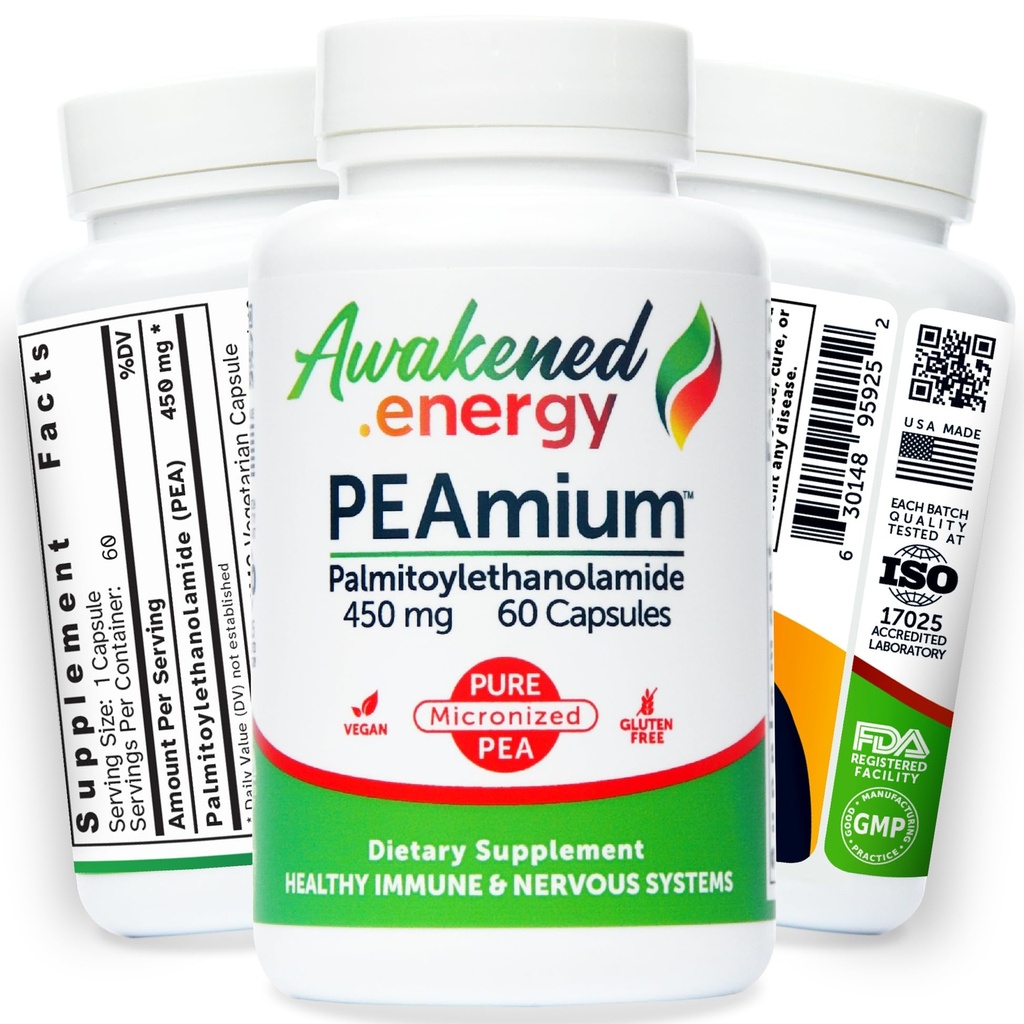 Palmitoüületanoolamiid 450mg Komfort Liikuvus Närvid Kognitiivne & Immuunsüsteemi tugi - Mikroniseeritud kõrge imendumine - Kõik looduslik hernes - USA valmistatud - Ei Lisandid või Abiained - 60 Vegan Kapslid täiendus