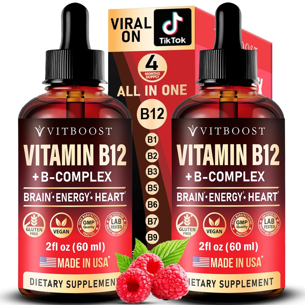 Vegan Vitamiin B12 koos B kompleksiga 20000 mcg - Täiendav tugevus meestele ja naistele - Vaarika Vedelik tilgad | USA Made, B1, B2, B3, B5, B6, Biotiin, foolhape & B12 Sublingvaalne Metüülkobalamiin | 4 kuud