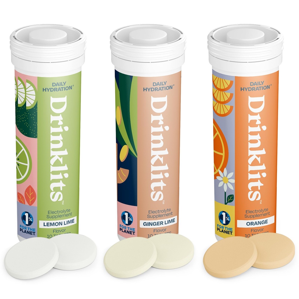 Joogiklaasid Päevane hüdratatsioon Variety Pack (3) Tube Bundle | Ingver-Lime + Sidrun-Lime + Orange | Elektrolüütide tabletid – 0g Suhkur – suurepärane maitse | 30 Servingut - 10 tabletti tuubi kohta